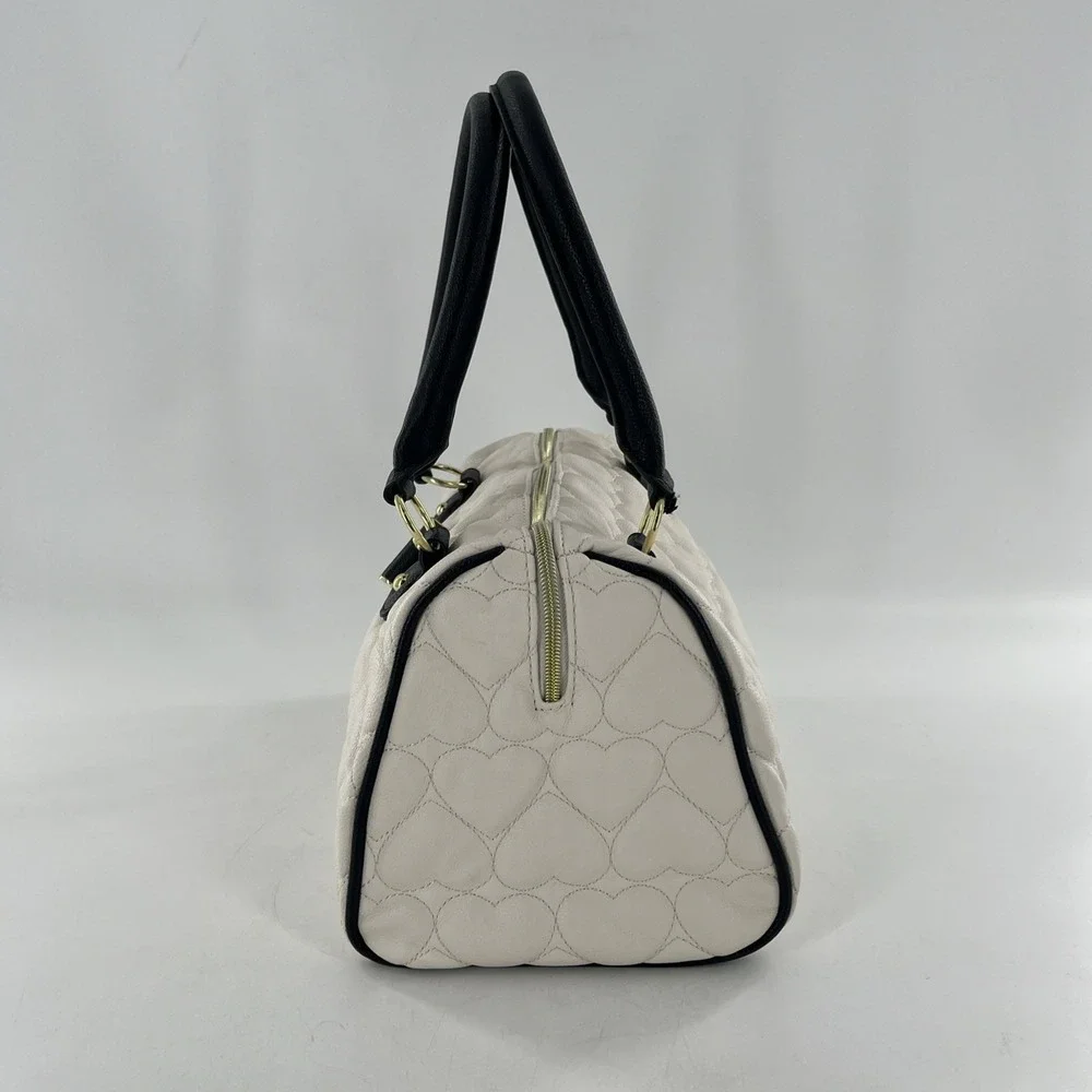 Betsey Johnson Quilted Heart Barrel Satchel Bag Ivory Black Purse Gold Floral